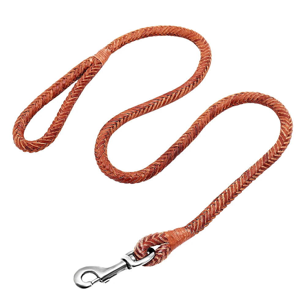 4ft Genuine Leather Dog Leash Soft Real Leather Pet Leash Rolled Braided Dogs Pet Lead for Puppy Small Dogs Walking Brown