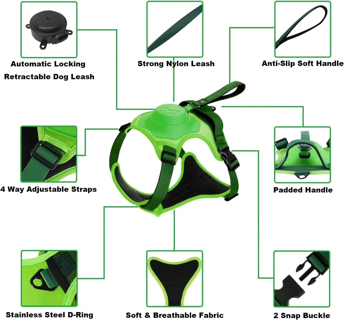 Dog Harness and Built-in Retractable Leash Auto-Lock & No-Pull Control Adjustable Pet Harness and Leash for Medium Large