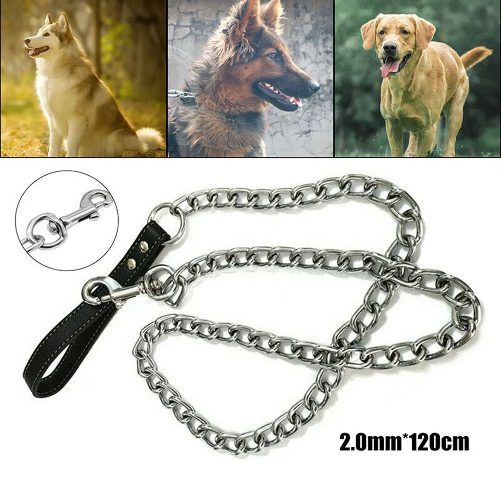 Heavy Duty Metal Chain Dog Lead With Leather Handle Long Strong Control Leash Outdoor Pet Traction Rope Anti Bite Chain Supplies