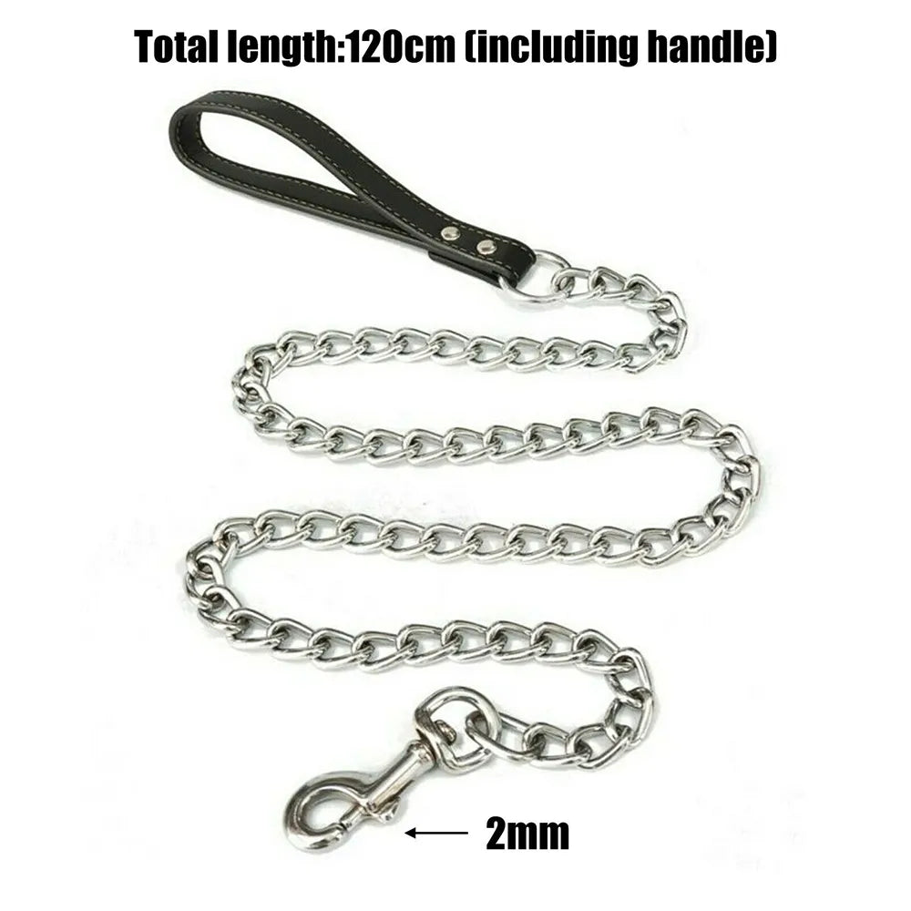 Heavy Duty Metal Chain Dog Lead With Leather Handle Long Strong Control Leash Outdoor Pet Traction Rope Anti Bite Chain Supplies