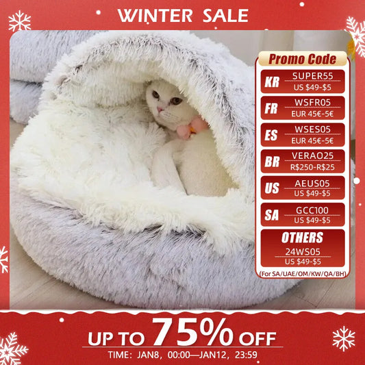 Soft Plush Pet Bed with Cover Round Cat Bed Pet Mattress Warm Cat Dog 2 in 1 Sleeping Nest Cave for Small Dogs