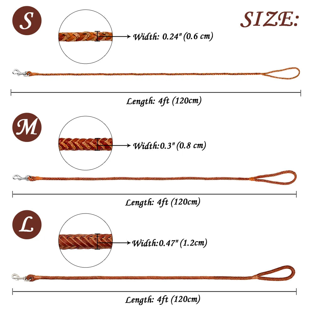 4ft Genuine Leather Dog Leash Soft Real Leather Pet Leash Rolled Braided Dogs Pet Lead for Puppy  Small Dogs Walking Brown