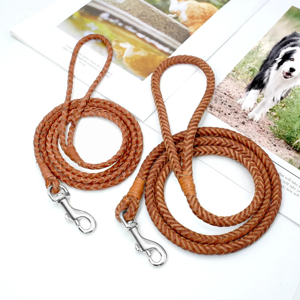 4ft Genuine Leather Dog Leash Soft Real Leather Pet Leash Rolled Braided Dogs Pet Lead for Puppy  Small Dogs Walking Brown