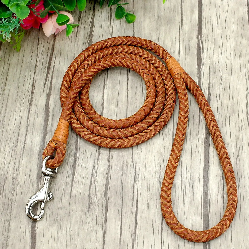 4ft Genuine Leather Dog Leash Soft Real Leather Pet Leash Rolled Braided Dogs Pet Lead for Puppy  Small Dogs Walking Brown