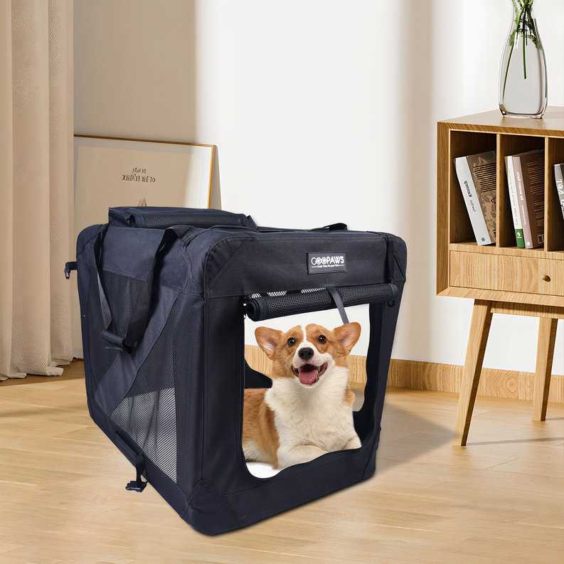 JESPET Soft Pet Crates Kennel, 3 Door Soft Sided Folding Travel Pet Carrier with Straps and Fleece Mat for Dogs, Cats, Rabbits, Indoor/Outdoor Use with Grey, Blue & Beige, Black