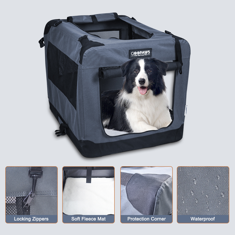 JESPET Soft Pet Crates Kennel, 3 Door Soft Sided Folding Travel Pet Carrier with Straps and Fleece Mat for Dogs, Cats, Rabbits, Indoor/Outdoor Use with Grey, Blue & Beige, Black